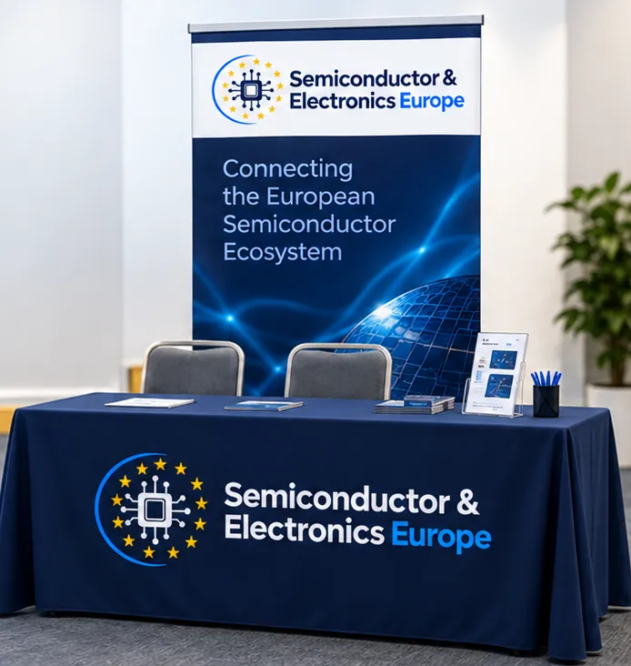 A branded table-top stand ready for meetings